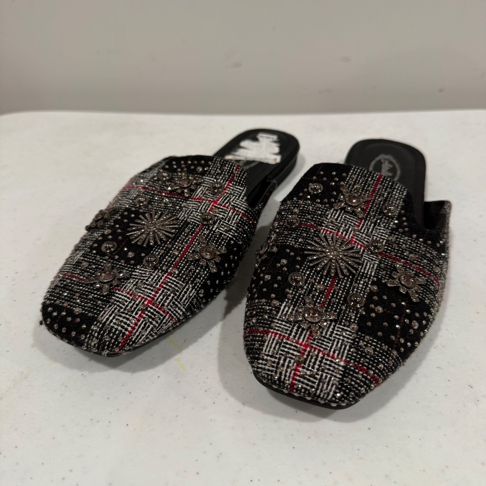 Atalina Plaid Studded Embellished Mules Pointed Toe Flats Black Red Womens 8